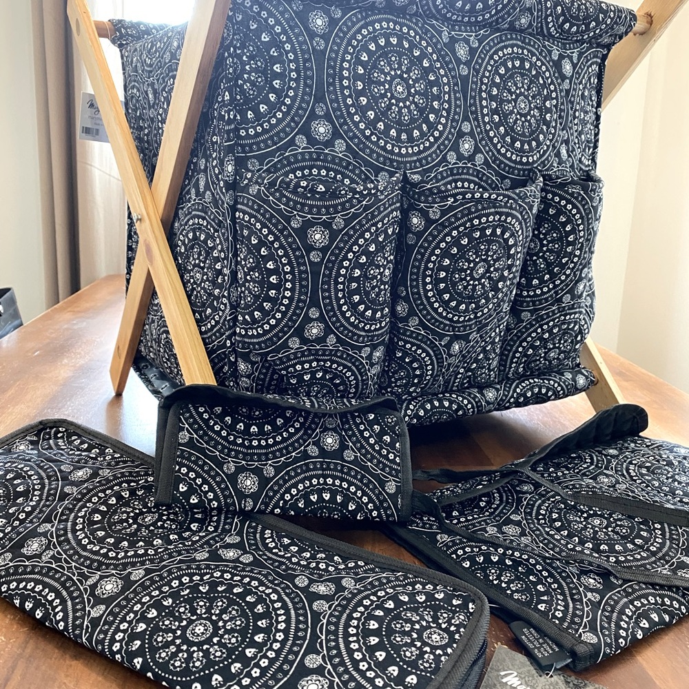 Black medallion pattern knitting caddy and needle/hook cases